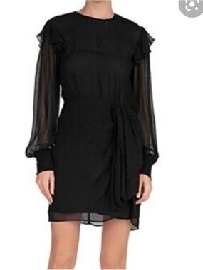 The Kooples Sheer Sleeve Black Tie-Waist Silk Mini Dress